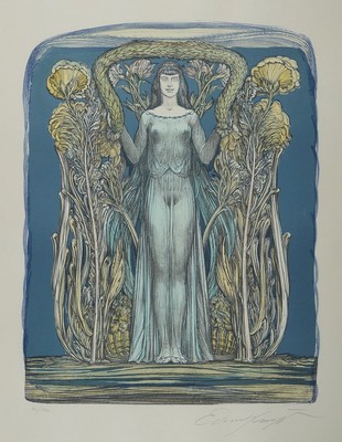 Ernst Fuchs, 1930-2015, Aquarell, "Jugendstildame", sign., num. 40/190 gesamt ca. 68x53 cm, unter Glas gerahmt