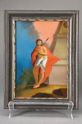 Hinterglasmalerei/ Heiligenbild, süddeutsch, 19. Jh., Hl. Sebastian, leichte Altersspuren, orig. Rahmen, ca. 18.5 x 13 cm