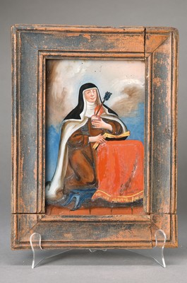 Hinterglasmalerei/ Heiligenbild, süddeutsch, 19. Jh., Hl. Katharina von Sienna, Rahmen, l. Altersschäden, Rahmen besch., ca. 245 x 18 cm