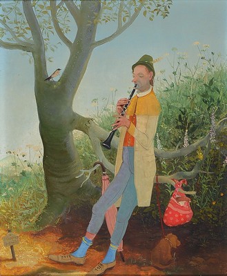 Kleophas Bogoilei, 1901-1989, Flöte-Spieler, Öl/Holz, links unten auf kleinem Schild signiert, ca. 25x21cm/49x44cm, R.