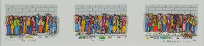 James Rizzi, 1950-2011, On Line, In Line, in Russia, dreidimensionale Farbserigraphie von 1990, handsigniert, num. 129/350, unter Glas gerahmt, ...