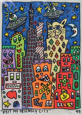 James Rizzi, 1950-2011, Visit my friendly city, dreidimensionaler Farbsiebdruck von 1995, handsigniert und num. 127/350, noch nie gerahmt, mint ...