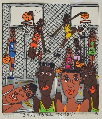 James Rizzi, 1950-2011, Basketball Jones, dreidimensionaler Farbsiebdruck von 1989, handsigniert, num. 84/350, Motiv ca. 13x11,5 cm, gesamt ca. ...