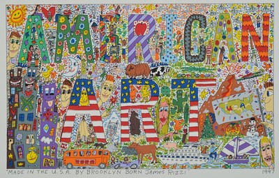 James Rizzi, 1950-2011, Made in the U.S.A. by Brooklyn Born James Rizzi, Farbserigraphie von 1997, Motiv ca. 19,5x31,5, gesamt ca. 27,5x39,5 cm