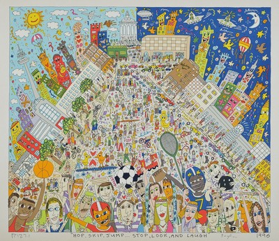 James Rizzi, 1950-2011, Hop, Skip, Jump, Stop Look an Laugh, Farblithographie von 1996,handsigniert, num. 300/600, ca. 43x47cm, PP