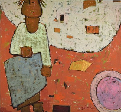 Apostolos Dedes, geb. 1937, Griechischer Expressionist, hier: teilweise abstrakte Komposition, Öl/Holz, rechts unten signiert, ca. 80x47 cm, R.
