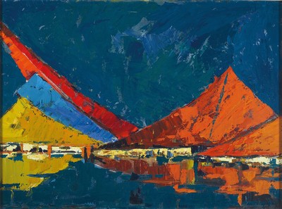 Fredy Künstner, datiert (19)64, "Expo", Acryl auf Holz, rechts unten signiert und datiert, rückseitig betitelt, ca. 52x70cm