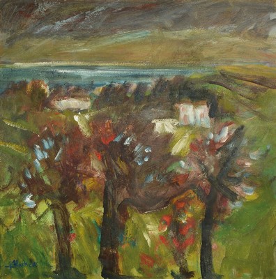 Gino Martori, geb. 1951 Pesciera/Gardasee, italienische Landschaft, Öl/Holz, signiert, ca. 78 x 78 cm, unter Glas, PP., Rahmen ca. 10 x 100 cm, ...