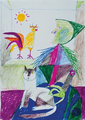 Vincente Clavo Gil, 1923 Madrid - 1992, Mischtechnik, Filzstift, Fineliner etc., figürliche Darstellung mit einer abstr. geom. Person, Hahn und ...