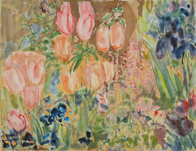 Roberte Holly-Legeais, 1934- 2001, Meisterschülerin von Otto Dix, Frühlingsblumen, Aquarell, signiert, 1984, 50 x 64 cm bzw. Bildgröße 48.5 x 62 ...