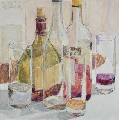 Christel Abresch, 1931 Sulzbach-2011, lebte und arbeitet in Neustadt/Wstr., Stillleben mit Flaschen und Gläsern, Öl/Lwd, links oben signiert und ...