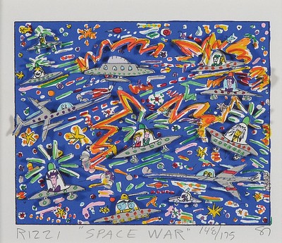 James Rizzi, 1950-2011, Space War, 3D-Konstruktion, handsign,. num. 148/175, dat. 87, Motiv ca. 9,5x12,5 cm, gesamt ca. 32x35 cm , unter Glas ...