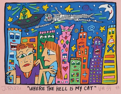 James Rizzi, 1950-2011, Where the Hell is my Cat, Acryl/Papier , Unikat, num. V54, handsigniert , dat. 93, ca. 36,5x42 cm, unter Glas gerahmt, inkl. ...