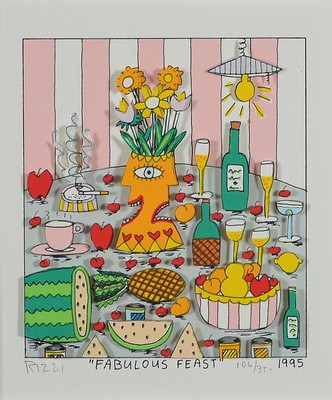 James Rizzi, 1950-2011, Fabulous Feast, 3D-Konstruktion, handsign., num. 106/350, dat. 1995, Motiv ca. 13x11,5 cm, gesamt 35,5x33,5 cm, unter Glas ...