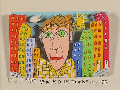 James Rizzi, 1950-2011, The New Kid in Town,3D-Konstruktion, handsign., num. 337/350, dat. 90, gesamt ca. 22x24 cm, unter Glas gerahmt, inkl. ...