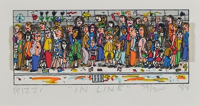 James Rizzi, 1950-2011, In Line, 3D-Konstruktion, handsign., num. 39/300, dat. 88, Motiv ca. 5x12 cm, gesamt ca. 24,5x 30,5 cm, unter Glas gerahmt, ...