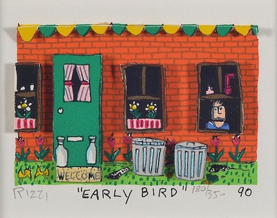 James Rizzi, 1950-2011, Early Bird, 3D-Konstruktion, handsign., num. 180/350, dat. 90, Motiv ca. 5,5x7,5 cm, gesamt ca. 22x24 cm, unter Glas gerahmt, ...