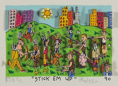 James Rizzi, 1950-2011, Stick em Up, 3D-Konstruktion, handsign., num. 156/350, dat. 90, Motiv ca. 5x7,5 cm, gesamt ca. 24x 26 cm, unter Glas gerahmt, ...