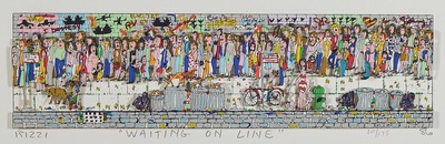 James Rizzi, 1950-2011, Waiting Online, 3D-Konstruktion, handsign., num. 20/175, dat. 86, Motiv ca. 8x28cm, gesamt ca. 36x 55,5 cm, unter Glas ...
