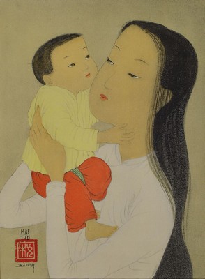 Trung Thu Mai, 1906-1980, Mutter mit Kind, Farbholzschnitt auf Seide, links unten sign. Mai Thu, ca. 22.5x17cm, PP