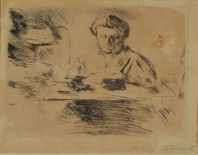 Lovis Corinth, 1858-1925, Radierung, re. u. signiert, besch. und Papier mit Loch, Motiv ca. 22x28 cm, gesamt ca. 37,5x43,5 cm, unter Glas gerahmt