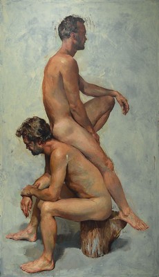 Paul Abbott, geb. 1960 London, Men Resting, Öl/Lwd., verso signiert und dat. 1999, ca. 221 x 127 cm, das Werk wurde im Rahmen einer Ausstellung in ...
