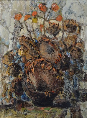 Vasile Cajocaru, 1932-2012, rumänischer Künstler, Herbstblumenstrauß, Öl/Malkarton, rechts unten signiert und dat. 94, ca. 56x42cm , R. 63x48cm