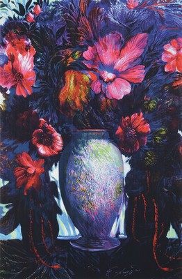 Ernst Fuchs, 1930 Wien-2015, Blumenstillleben, Giclee-Druck auf Lwd, 82x54cm, R.t, bez.: e.a., ca. 54x81cm, R.