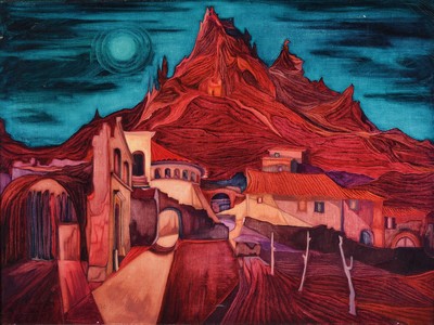 Unbekannter Künstler, Vollmond über der Stadt am Fuß des Berges, Öl/Lwd, links unten unleserlich signiert, dat.70 ca. 75x100 cm , R.