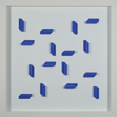 Volker Tinti, geb. 1941 Kaiserslautern, Acryl/Holz, 3D- Konstruktion, verso sign., dat. 2016 , unter Glas in weißem Holzrahmen, ca. 40,0x40,0 cm