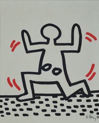 Keith Haring, 1958-1990, 2 Lithografien aus der Serie Sali-Adalat, drucksigniert., eins davon dat.1982, je unter Glas gerahmt, je ca. 29x22 cm