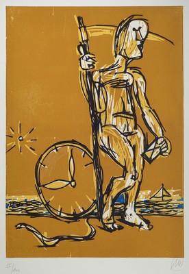 Markus Lüpertz, geb. 1941, Zeitreise, Radierung und Holzschnitt auf dickem Velin, mit Wasserzeichen, 2008, Überlagerung zweier Drucktechniken, ...