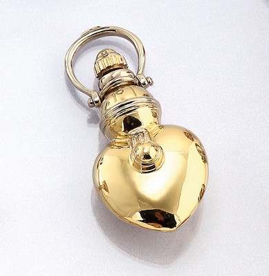 18 kt Gold Parfumflakon, GG 750/000, als Anhänger tragbar, in Herzform, ca. 6 cm, ca. 21.37 g