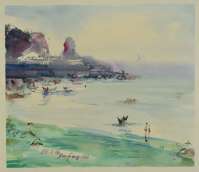 Dan Feng Zhi, zeitgen. chinesischer Künstler, Küstenlandschaft, Aquarell und Tusche auf Papier, signiert und dat. 1998.5.26, ca. 30x35cm, u.Gl., R.