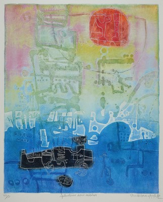 Shoichi Hasegawa, geb. 1929, Farbradierung, handsign., num. 77/110, Platte ca. 59,5x49 cm,gesamt ca. 86x73 cm, unter Glas gerahmt