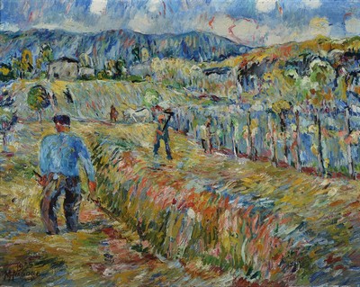 Manfred Henninger, 1894 Backnang-1986 Stuttgart, Bauern bei der Feldarbeit, Öl/Lwd, links unten signiert und datiert 1939, ca. 73x92.5cm, R.