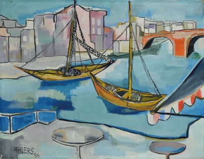 Rusolf Ahlers, 1918-1993, Hafenszene, Öl/Lwd, links unten signiert und dat. 56, ca. 55x70cm
