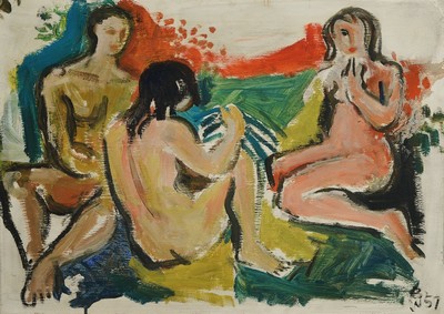 Willi Briant, 1922-2015, 2 Arbeiten in Öl auf Holz, 1x Winterwald, 1x x 3 weibliche Akte, beide monogrammiert BW und datiert 1957, je ca. 39x55cm