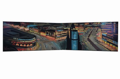 Hoffmann, zeitgenössischer Künstler, Panorama Berlin mit AEG- und Telefunken- Hochhaäusern bei Nacht, Öl/Hartfaser, links unten signiert, Seiten ...