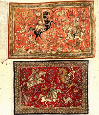(2 Lots) 2x Seiden Ghom alt, Persien, ca. 50 Jahre, reine Naturseide, ca. 90 x 58 cm, ca. 77 x 56 cm, EHZ: 2.