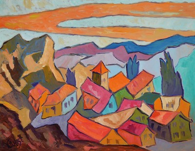 Karl Martin Hust, Pfarrer, Kunstmaler und Komponist aus Kaiserslautern, befreundet mit dem Arzt Albert Schweitzer, hier: Landschaft mit Gebirgsdorf, ...