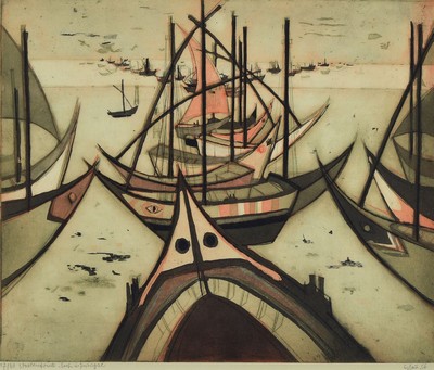 Otto Eglau, 1917 Berlin- 1988 Kapen, drei Radierungen: a. Boote in Portugal, drei Farbendruck, 17/50, 1956, 60 x 50 cm, b. Treppe, 16/30, 1951, ...
