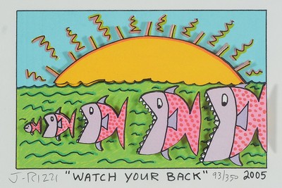 James Rizzi, 1950 - 2011, "Watch your Back", 2005, num. 93/350, handsigniert, ca. 15.5 x 21 cm, PP. unter Glas, Rahmen: 29 x 35 cm