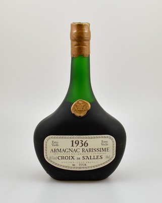 1 Flasche 1936 Armagnac Rarissime Croix de Salles, ca. 70 cl, 40 % Vol., Abstand zwischen Kapsel und Armagnac: ca. 6.5 cm, Kapselwachs und Siegel ...