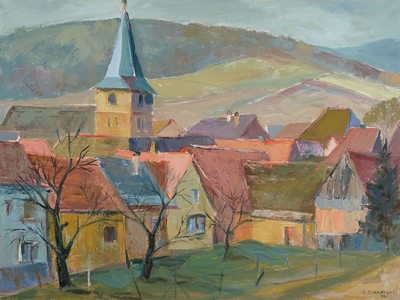 Ingeborg Brandner, geb. 1920, Malerin aus Dörrenbach, zwei Arbeiten: Ansicht von Dörrenbach, Öl/Lwd, signiert, ca. 60x80cm; Landschaft bei ...