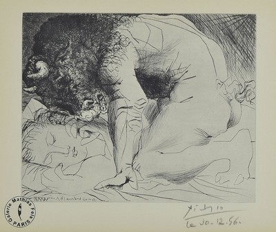 Pablo Picasso, Malaga 1881 - 1973 Mougins, Offsetlitho, Reedition Galerie Mathias Fels Paris, "weibliche Akte und Stier über schlafender ...