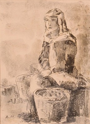 Albert Mueller, 1884-1963, Kohlezeichnung, signiert A.M. , PP, gesamt ca. 35x25 cm