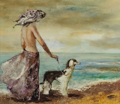 Lajos Sebök, 1910 Szeged (Ungarn) - 1996 Neuss, Frau mit Windhund am Strand, Öl/Platte, re u. signiert, ca. 50 x 60 cm, Rahmen: 53 x 63 cm