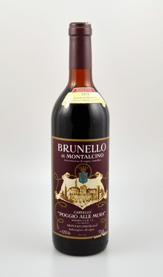 1 Flasche 1975 Brunello di Montalcino, Castello Poggio Alle Mura, Riserva, ca. 75 cl, 13 % Vol., Füllstand: ca. top shoulder, unverkostet