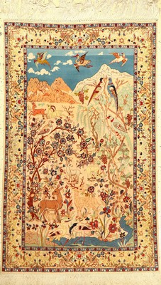 Esfahan fein Bildteppich, Persien, ca. 30 Jahre, Korkwolle auf Seide, ca. 170 x 104 cm, EHZ: 2 (leichte verfärbung)